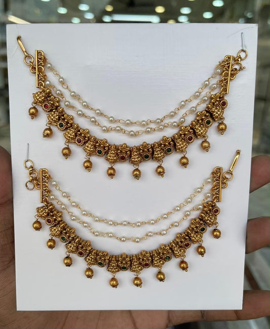 🌸 Royal Ruby Moti Traditional Ear Chain