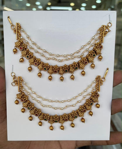 🌸 Royal Ruby Moti Traditional Ear Chain