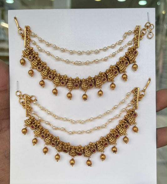 🌸 Royal Ruby Moti Traditional Ear Chain